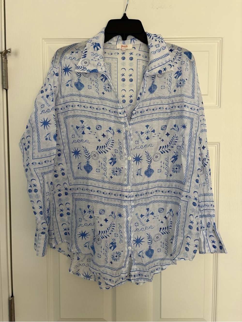 Light Blue Printed Button-Down Shirt with Ruffle Cuffs